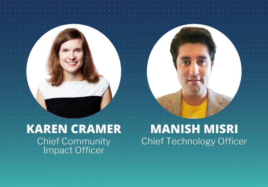 Headshots of TechBridge chief community impact officer Karen Cramer & CTO Manish Misri