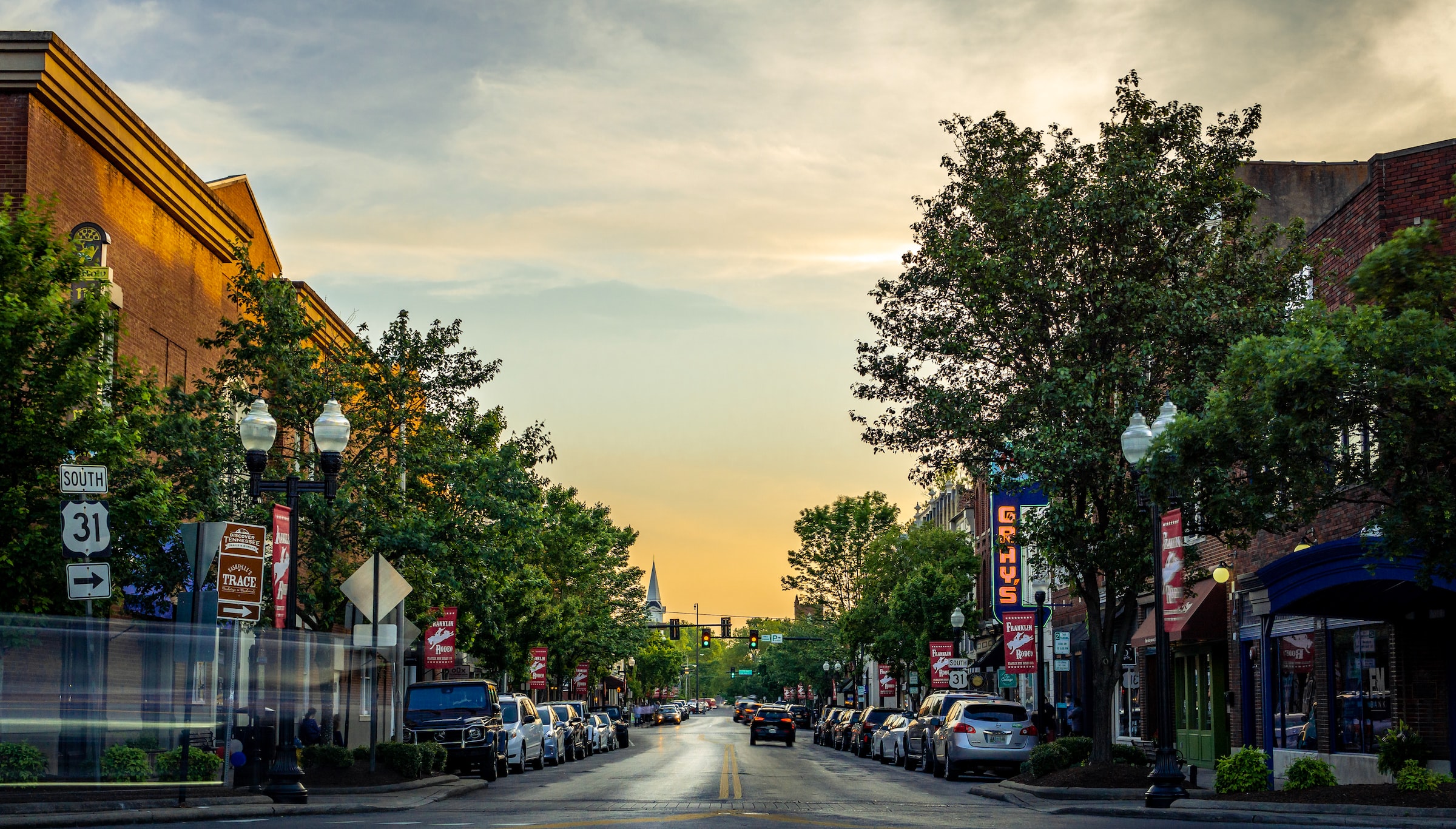 Downtown Franklin, Tennessee at sunset.