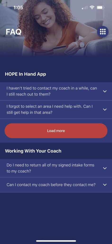 Hope in Hand frequently asked questions screen