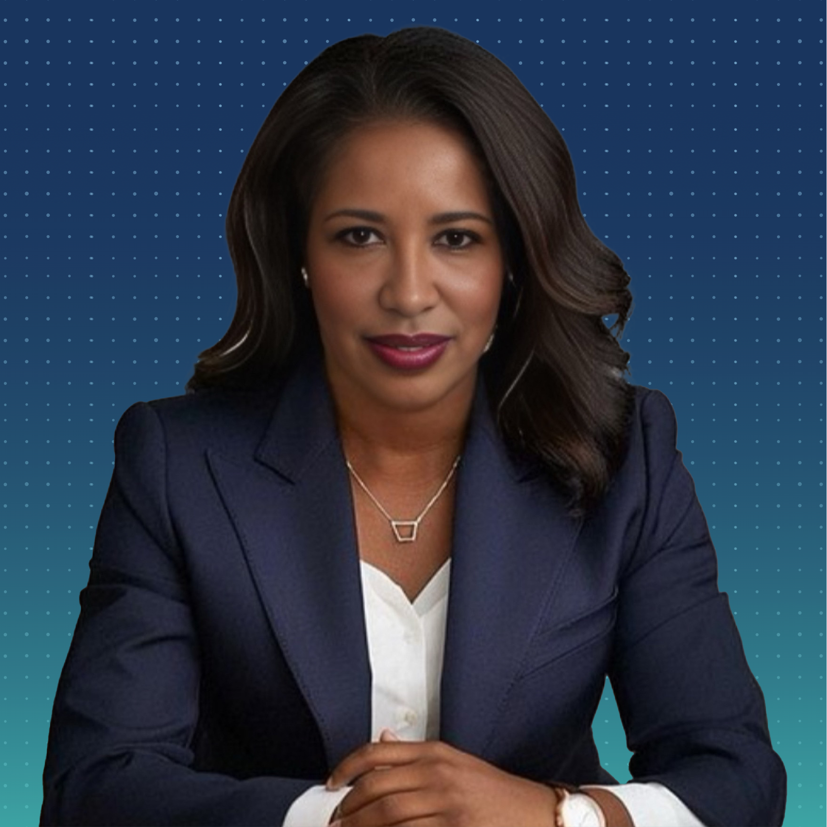 Tresina Lockhart is a young professional Black women. She wears a navy blue business suit with peaked lapels and a crisp white blouse with. Her hands are clasped in front of her. Her hair is shoulder length.