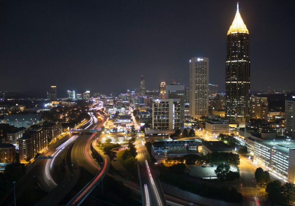 Aerial view of downtown Atlanta at night